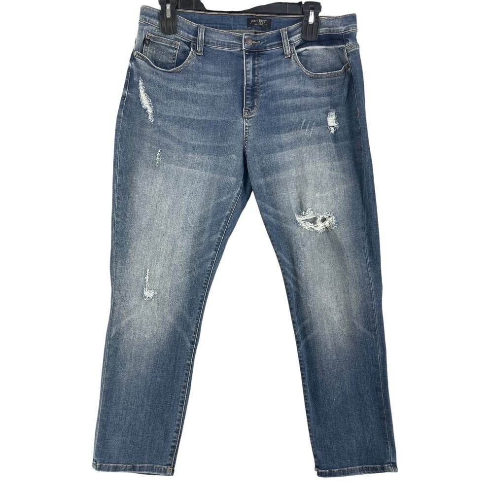 Judy Blue Jeans Womens Plus 1XL 38 x 27 Blue Distressed Boyfriend Denim Wisker